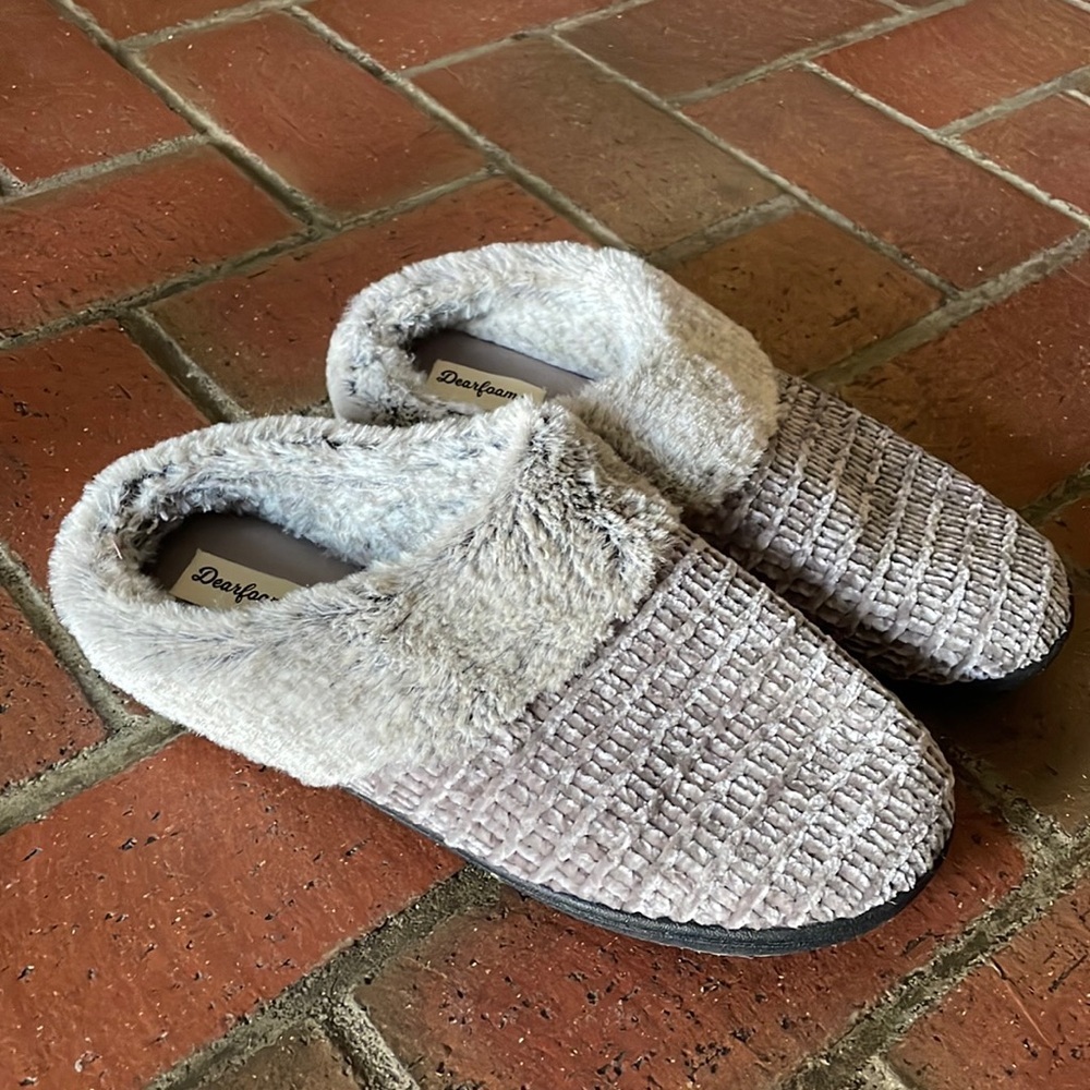 Dearfoams Womens‎ Chenille Clog Slippers Grey Faux Fur Trim Shoes Large 9-10